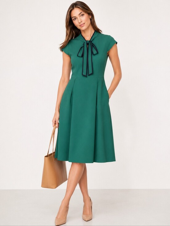 J. Crew Dresses & Skirts - J.Crew Emerald Green Tie Neck A-Line Dress Size 14 NWT Cap Sleeve Midi